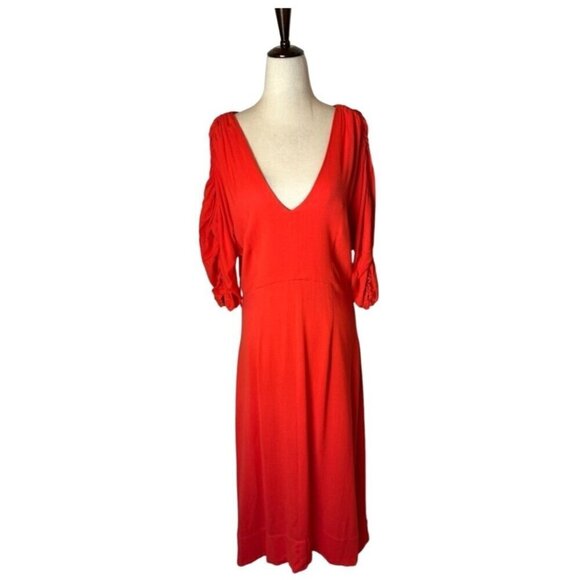 Nicholas Dress Women 10 Red V Neck Gathered Sleeve Fit And Flare Midi - Picture 2 of 12